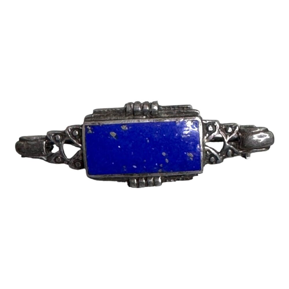 Vintage Sterling Silver Lapis Lazuli Art Deco Bar Pin Brooch Blue Gemstone 1.5"